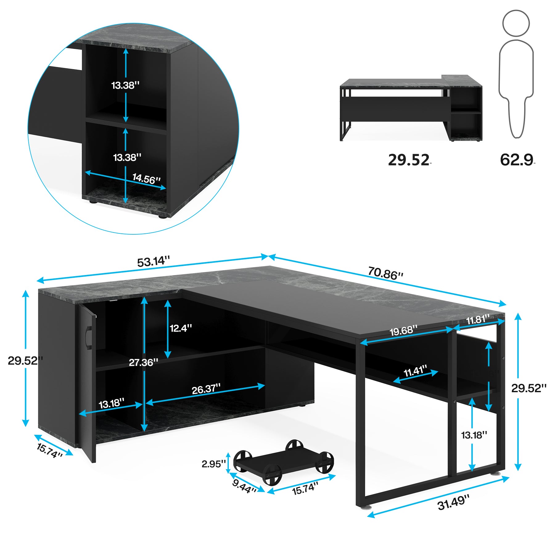 71" Executive L Shaped Computer Desk with Cabinet